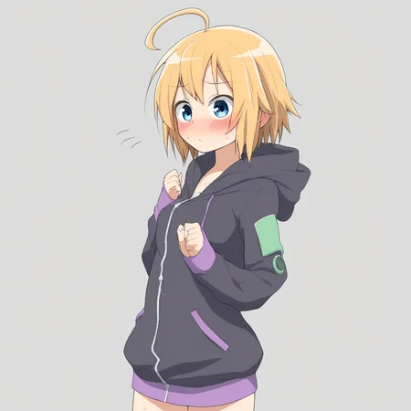 salpin, 1girl, hooded jacket, simple background, solo, ahoge, blush, hood
