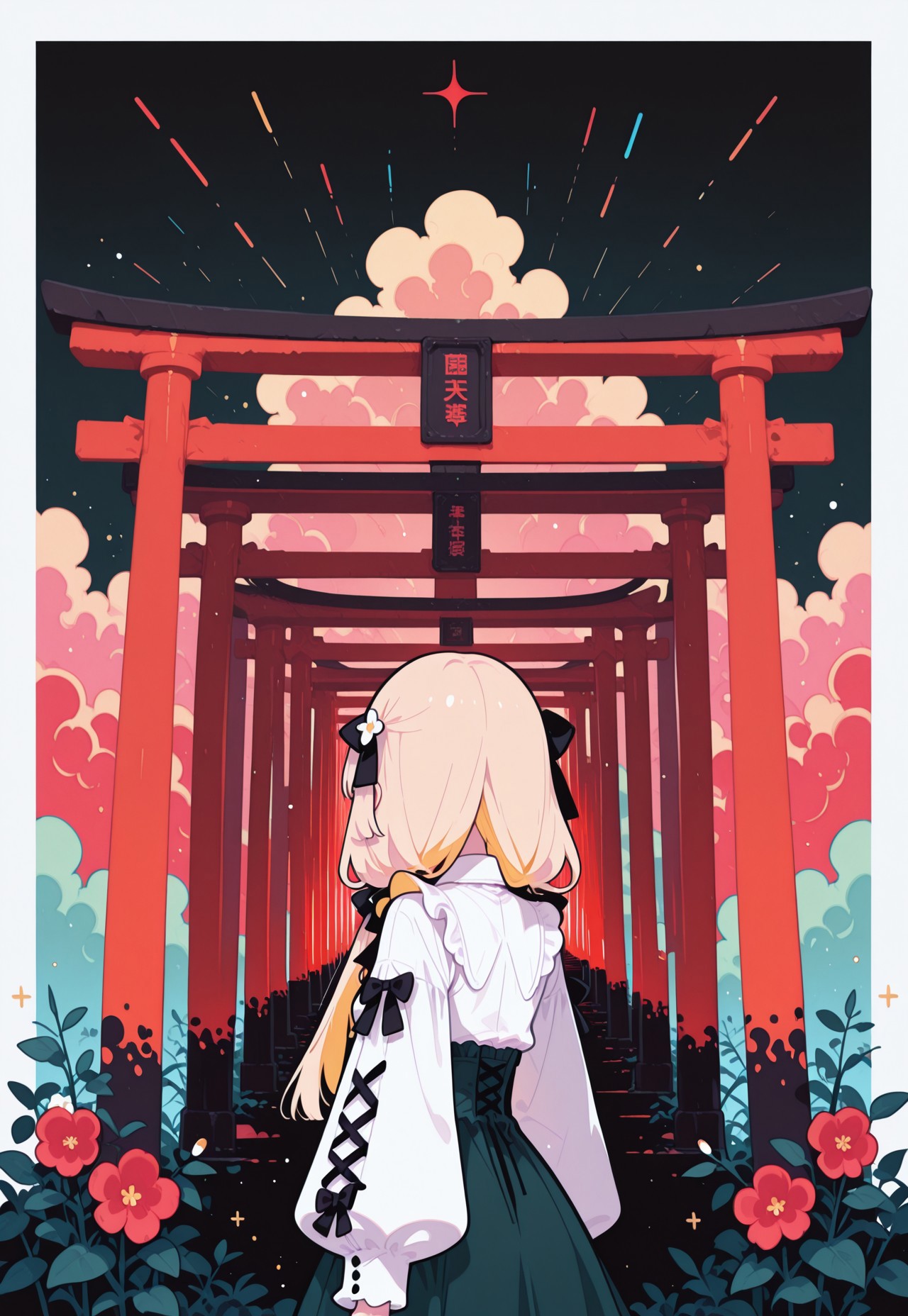 masterpiece, best quality,
(from behind, back shot),
pastel cyan eyes, blonde hair, multi colored hair, long hair, hair ornament, twintale, colored inner hair,
small breasts, 
white shirt, frills, long sleeves, dark black green skirt, center frills,
frilled skirt, high-waist skirt, puffy long sleeves, black bow, collared shirt, puffy sleeves, laced sleeves ,

1girl, solo, upper body,
praying, many flowers in background,
  

simple gradient lapis lazuli  background with thick white border,

layered thick symmetrical clouds,
(many random red torii gates in background, torii leaning and tilting chaotically), (light particles, many shooting starts),

flat vector illustration, fl4t,
