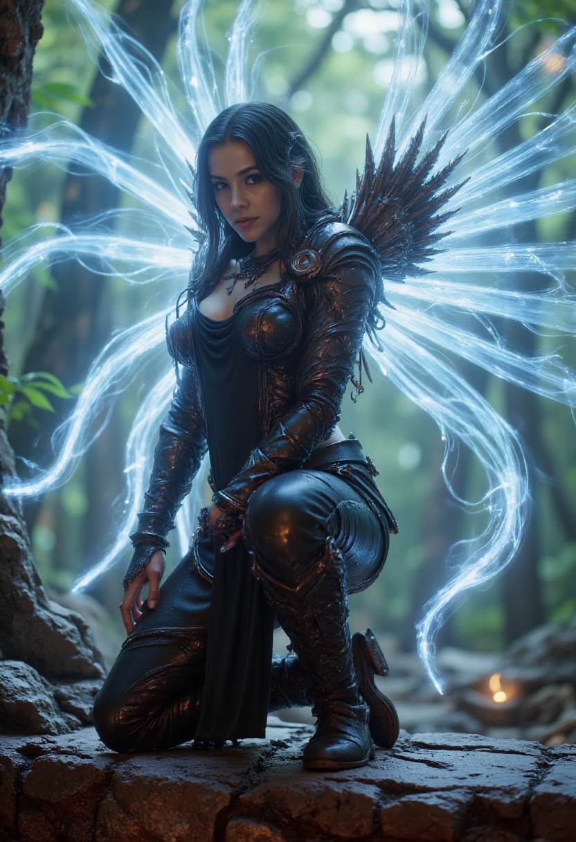zavy-thrlngl, BusyShiny style DittersGurl dressed as a dark angel with ethereal wings. She is kneeling on a stone ledge at the end of existence.