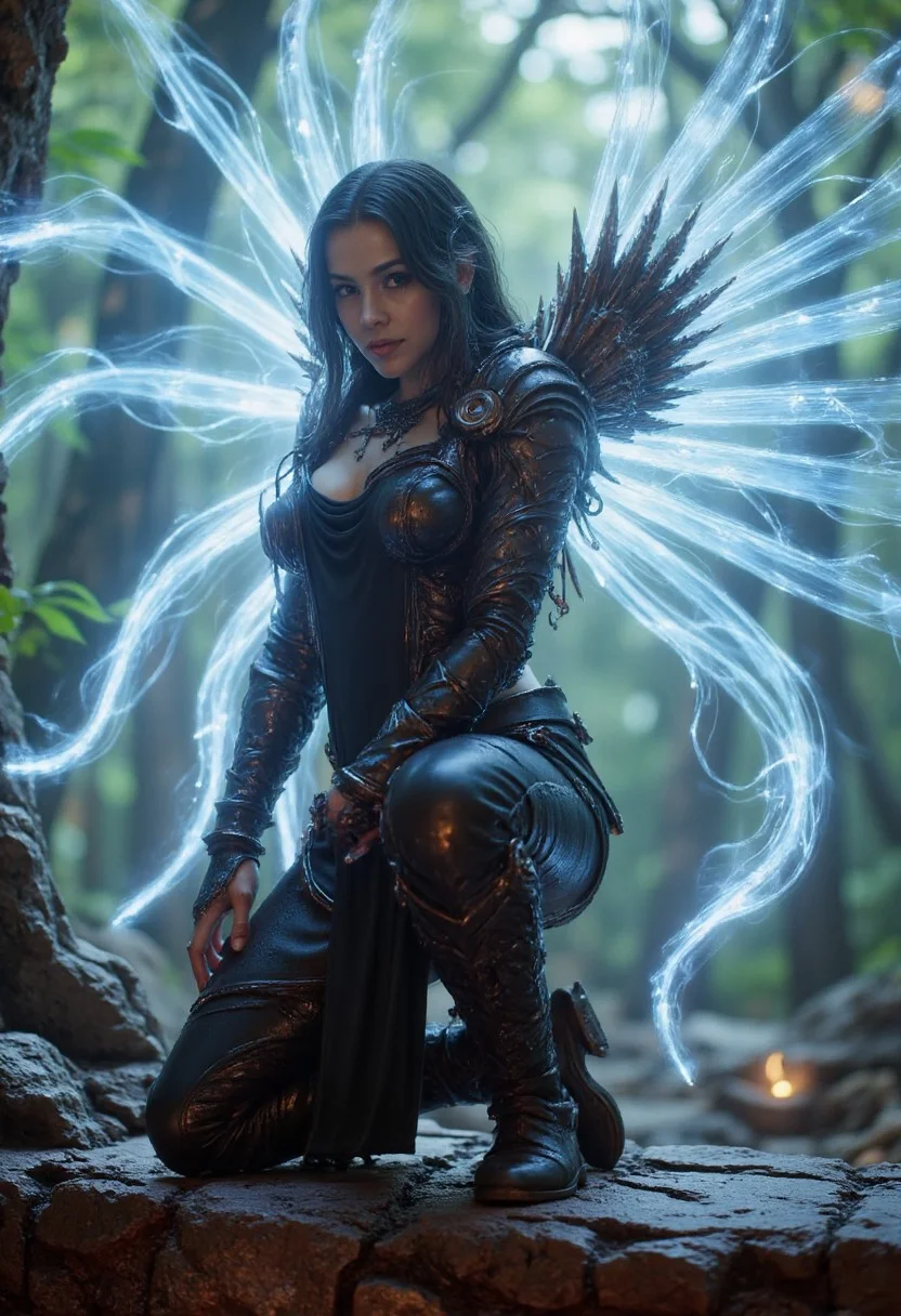 zavy-thrlngl, BusyShiny style DittersGurl dressed as a dark angel with ethereal wings. She is kneeling on a stone ledge at the end of existence.