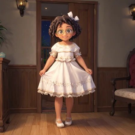 indoors, <lora:Young_Mirabel_Madrigal_Encanto:1> ymirabel, 1girl, solo, dark skin, white dress, brown curly hair, white hair bow, green-framed eyewear, brown eyes, smile, white footwear
