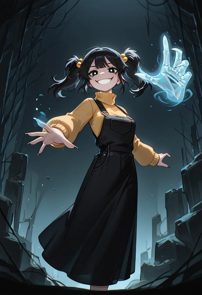 masterpiece, best quality, amazing quality, very aesthetic, absurdres, newest, detailed background, foreground blur, (( cartoon, )),
cassidyfnaf, 1girl, twintails, black hair, hair ornament, long sleeves, yellow sweater, hair bobbles, turtleneck sweater, black overalls dress, medium breasts,
evil grin, chill_touch-(magic), outstretched hand,skeletal disembodied hand, solo, floating hand, claws,