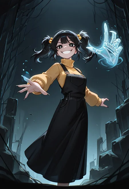 masterpiece, best quality, amazing quality, very aesthetic, absurdres, newest, detailed background, foreground blur, (( cartoon, )),
cassidyfnaf, 1girl, twintails, black hair, hair ornament, long sleeves, yellow sweater, hair bobbles, turtleneck sweater, black overalls dress, medium breasts,
evil grin, chill_touch-(magic), outstretched hand,skeletal disembodied hand, solo, floating hand, claws,