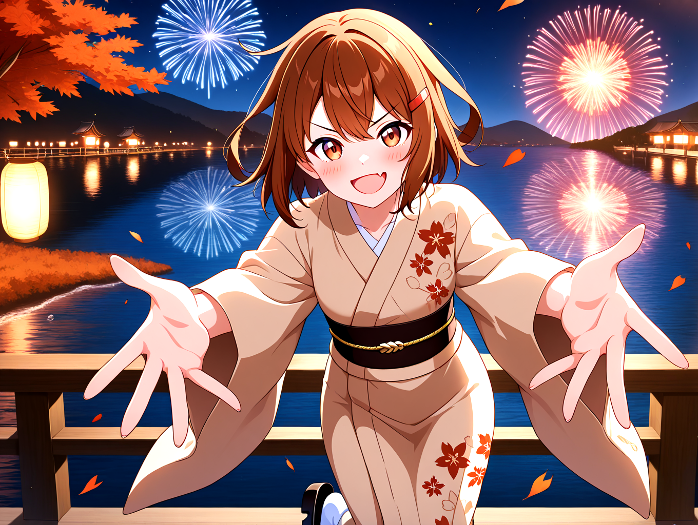 <lora:ikatuchi-yukata-outfit-000009:1>,maple leaf floral print yukata,decorate black obi,iii iron symbol,golden obijime,brown japanese clothes,brown hair,short hair,1girl,hairclip,solo,hair ornament,fang,wide sleeves,brown eyes,skin fang,alternate costume,tabi,geta,
hanabitaikai,aerial fireworks,colorful,cowboy_shot,solo focus,fireworks,night,sky,maple tree,sea,reflection,floating sakura petals,
paper lantern,
doyagao,open mouth,blush,v-shaped eyebrows,strong smile,gasping,
open hands to reaching towards viewer,leaning forward,
masterpiece,best quality,newest,absurdres,highres,detailed eyes,beautiful,detailed background,perfect eyes,anime coloring,anime screencap,
<lora:add-detail-xl:1>,<lora:ponyv4_noob1_2_adamW-000017:0.8>,wear clothes,
