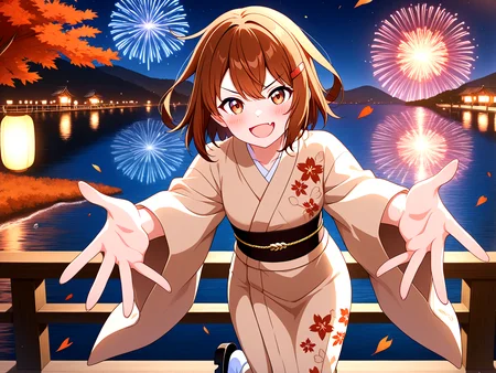 <lora:ikatuchi-yukata-outfit-000009:1>,maple leaf floral print yukata,decorate black obi,iii iron symbol,golden obijime,brown japanese clothes,brown hair,short hair,1girl,hairclip,solo,hair ornament,fang,wide sleeves,brown eyes,skin fang,alternate costume,tabi,geta,
hanabitaikai,aerial fireworks,colorful,cowboy_shot,solo focus,fireworks,night,sky,maple tree,sea,reflection,floating sakura petals,
paper lantern,
doyagao,open mouth,blush,v-shaped eyebrows,strong smile,gasping,
open hands to reaching towards viewer,leaning forward,
masterpiece,best quality,newest,absurdres,highres,detailed eyes,beautiful,detailed background,perfect eyes,anime coloring,anime screencap,
<lora:add-detail-xl:1>,<lora:ponyv4_noob1_2_adamW-000017:0.8>,wear clothes,