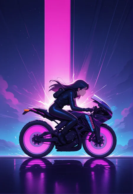 <lora:ck-neon-retrowave-IL-000012:1>, in the style of ck-rw, side view, woman riding a motorcyle, at night, sundown stary night,
masterpiece,best quality,amazing quality