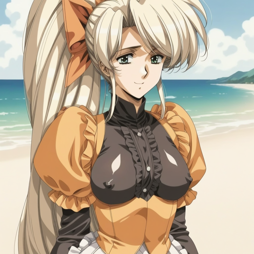 fr0nt1nn0c3ntStyl3, Style: Front Innocent, Artist Style: Urushihara Satoshi, 1girl, masterpiece, highres, high quality, fantasy, score_9, score_8_up, score_7_up, score_6, source_anime, rating_lewd, cowboy shot, mature female, Faye_(Front_Innocent), BREAK, beach, (covered nipples), seductive smile, smile BREAK, , BREAK, Faye, blonde hair,very long hair,high ponytail,very long sidelocks,hair bow,green eyes, dress,black shirt,orange vest,long_sleeves, white skirt,frills, black pantyhose, short boots,