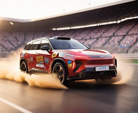 SUV car,movie theater,absurdres,game cg,cinematic lighting,photo,reality,depth of field,masterpiece,front view,(SUV racing around the track, with racing stickers on the body, track version of the SUV,motion blur:1.4),<lora:2.20suv car_xl-000010:1>,
