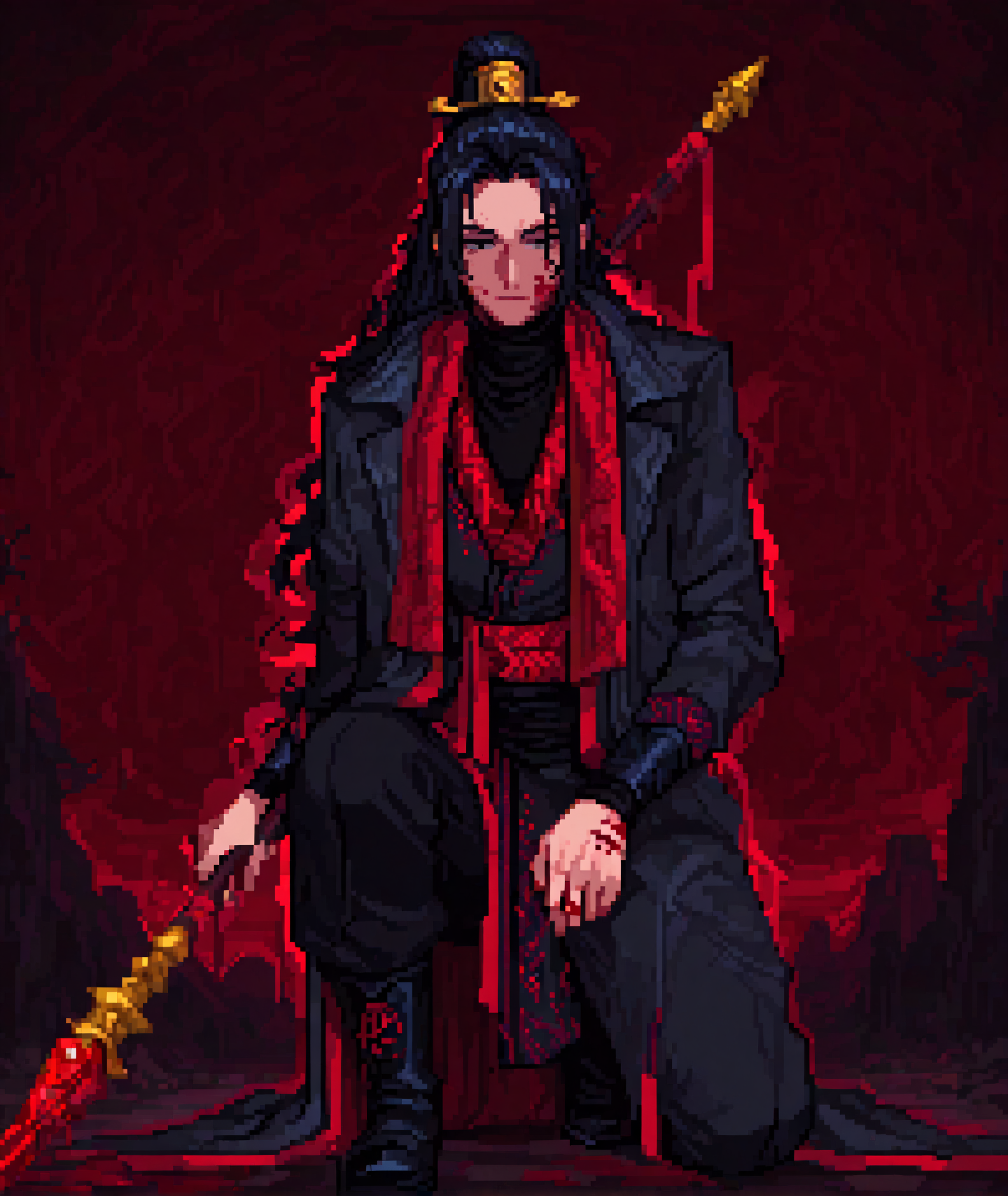colorful clothes,sensitev, very aesthetic, best quality, absurdres, masterpiece, ((newest)),  <lora:31pixpix_r1:1> pixel-art,black hair,  <lora:Jia_Qiu_Limbus_Illustrious:0.8>JiaQiuLimbus ,black eyes, black hair, long hair, high ponytail, gold hair ornament,black chinese clothes, red scarf, black turtleneck, black hanfu, red trim, black coat, open coat, black pants, black boots,foreshortening,red theme,dark,blood on face,holding polearm ,dull,chiaroscuro,night,abstract,dynamic pose,on one knee ,muscular male, 1boy, front view