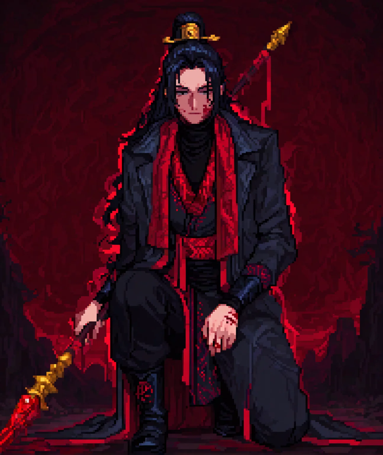 colorful clothes,sensitev, very aesthetic, best quality, absurdres, masterpiece, ((newest)), <lora:31pixpix_r1:1> pixel-art,black hair, <lora:Jia_Qiu_Limbus_Illustrious:0.8>JiaQiuLimbus ,black eyes, black hair, long hair, high ponytail, gold hair ornament,black chinese clothes, red scarf, black turtleneck, black hanfu, red trim, black coat, open coat, black pants, black boots,foreshortening,red theme,dark,blood on face,holding polearm ,dull,chiaroscuro,night,abstract,dynamic pose,on one knee ,muscular male, 1boy, front view