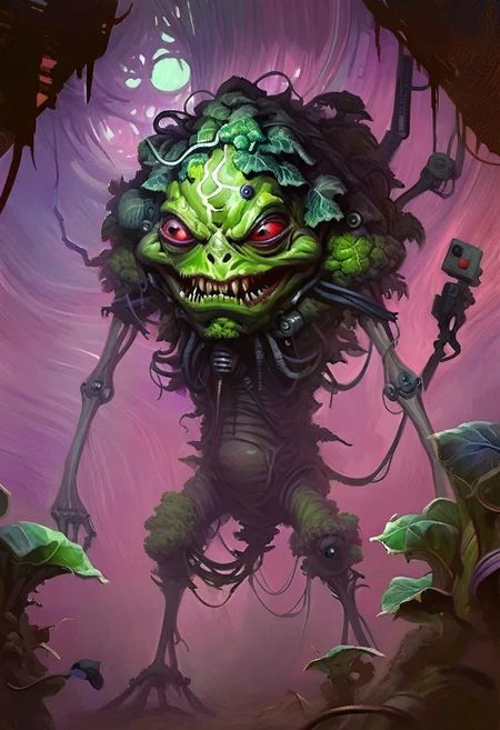 w4rh4mm3r style oil painting, grimdark, cybernetic , 
short creepy cabbage man monster, lascivious smile