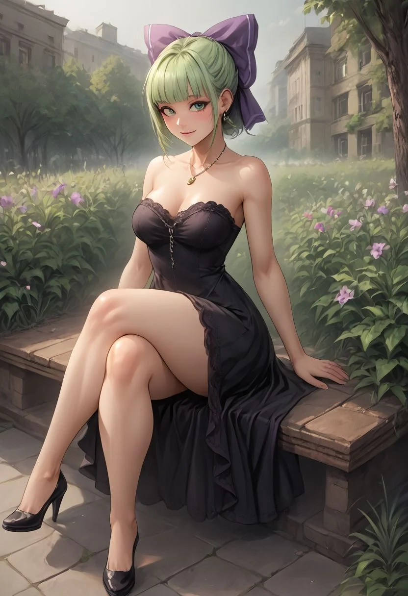 1girl, solo, bobcut, blunt bangs, light green hair, green eyes, medium breasts, hair bow, strapless dress, black dress, upskirt, lace trim, white lace, full body, face focus, sitting on a bench, crossed legs, cleavage, necklace, earrings, outdoors, garden, trees, cityscape, smile, slight blush, freckles, showing upper areolas,
perfection style, perfection, perfect hands,
Green Hair Bow Girl