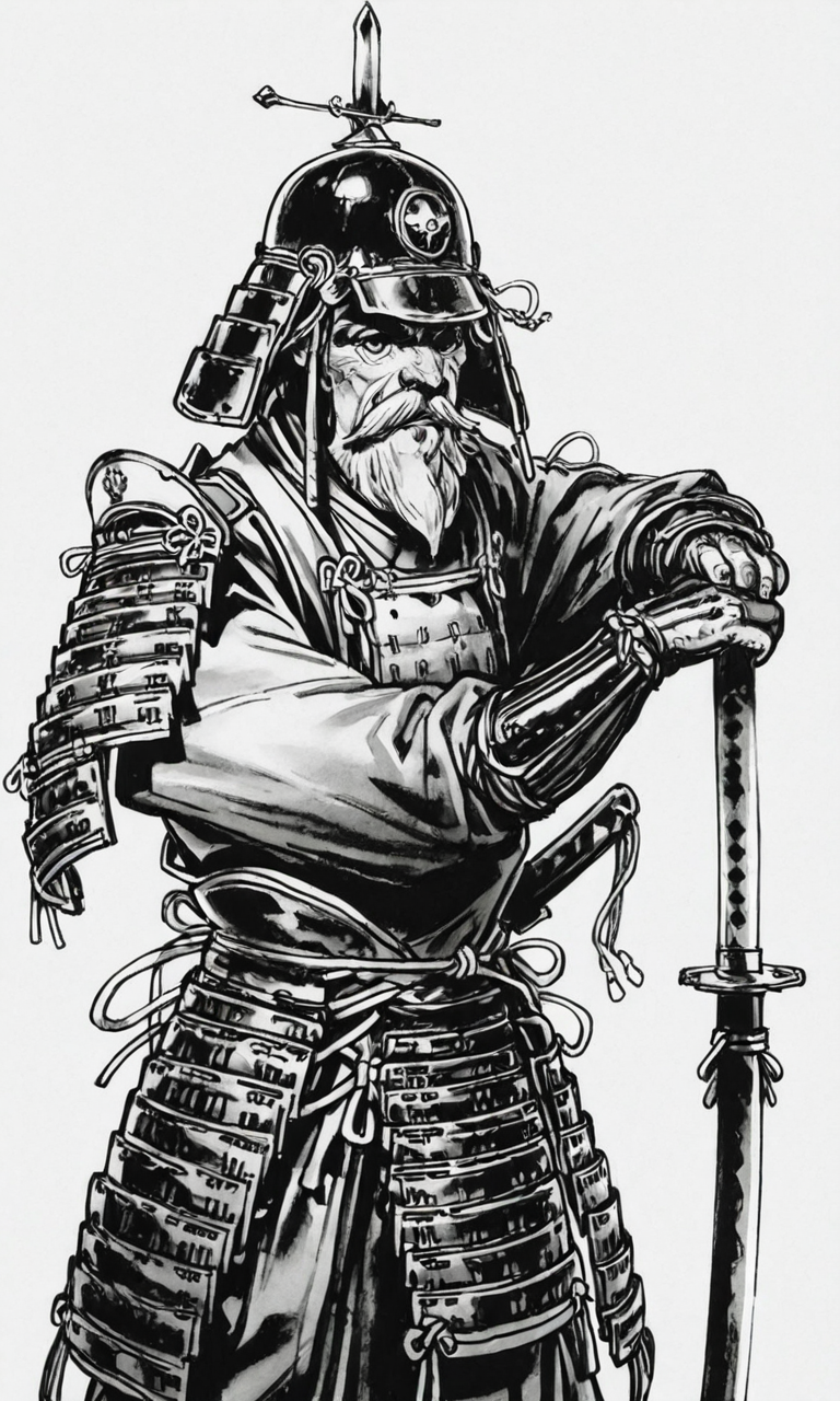 kimjunggistyle, dynamic perspective, detailed ink drawing, simple background, monochrome, male focus, weapon, multiple boys, sword, armor, facial hair, helmet, katana, beard, mustache, japanese armor, old, old man, sode, kote, samurai, kusazuri, kabuto (helmet), white background, sheath, sheathed, black and white sketch, masterpiece, best quality, amazing quality
