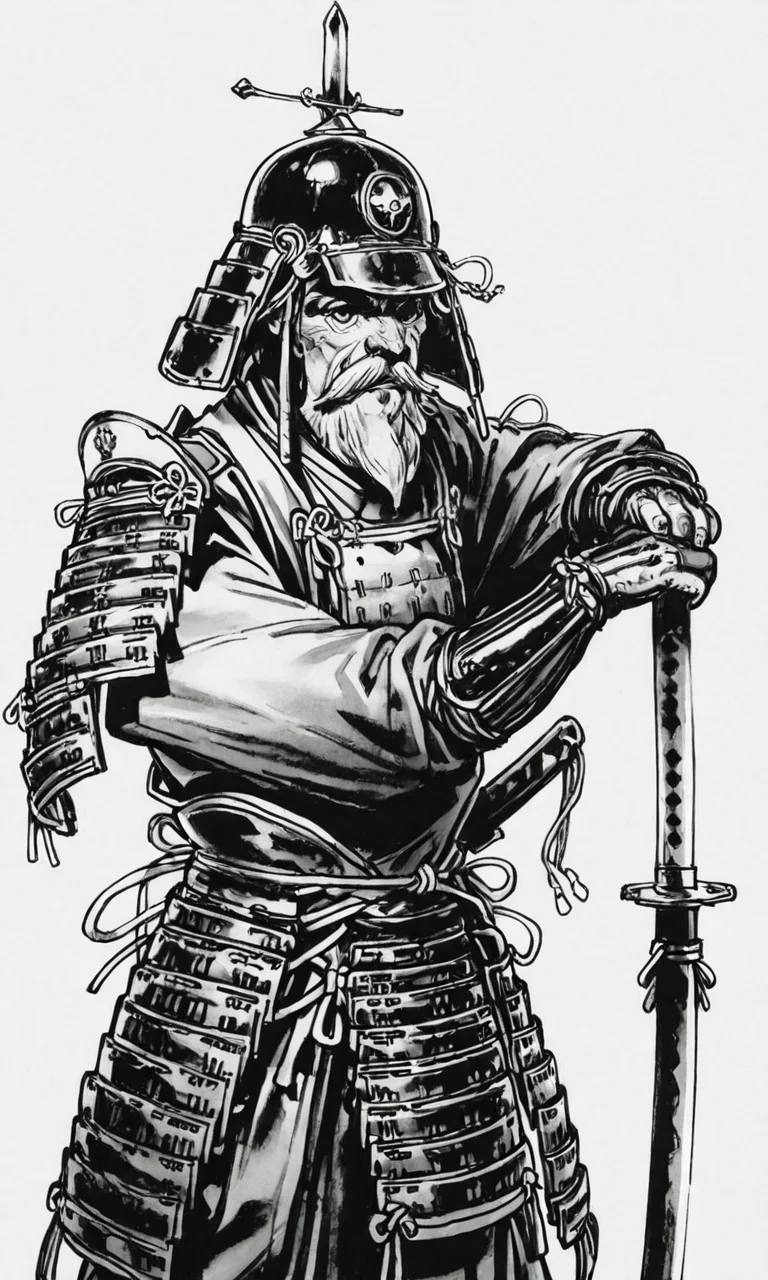 kimjunggistyle, dynamic perspective, detailed ink drawing, simple background, monochrome, male focus, weapon, multiple boys, sword, armor, facial hair, helmet, katana, beard, mustache, japanese armor, old, old man, sode, kote, samurai, kusazuri, kabuto (helmet), white background, sheath, sheathed, black and white sketch, masterpiece, best quality, amazing quality
