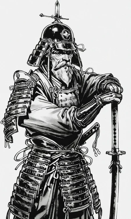 kimjunggistyle, dynamic perspective, detailed ink drawing, simple background, monochrome, male focus, weapon, multiple boys, sword, armor, facial hair, helmet, katana, beard, mustache, japanese armor, old, old man, sode, kote, samurai, kusazuri, kabuto (helmet), white background, sheath, sheathed, black and white sketch, masterpiece, best quality, amazing quality
