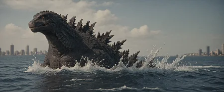 score_9, score_8_up, score_7_up, solo, portrait, from side, 1man, giant dinosaur reptilian monster Godzilla, spines, feral, realistic scales, detailed scale texture, solo, outdoors, out of the ocean, partially submerged, wading through the water, miniature city, building miniatures in the background, solo, full body, solo, extremely detailed, Macro detailed realism style photograph, 3DMM