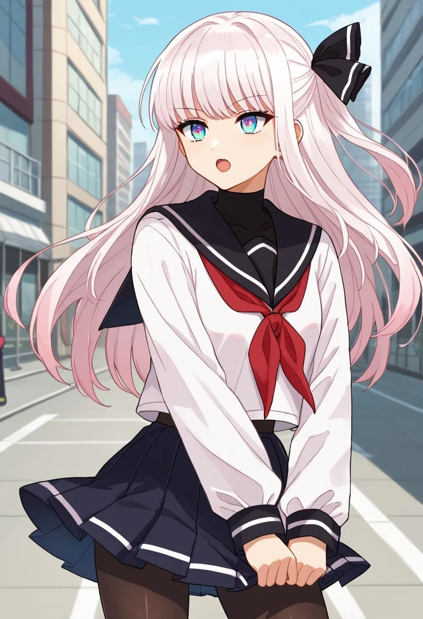 <lora:Saotome_Annin:0.8>, score_9, score_8_up, score_7_up, source_anime, BREAK, multicolored eyes, aqua and light pink colored eyes, white hair, long hair, black hair ribbon, sidetail, Saotome_Annin, white long sleeves sailor uniform, black pleated skirt, sailor collar, red neckerchief, open mouth, standing in city, pantyhose, cowboy shot,