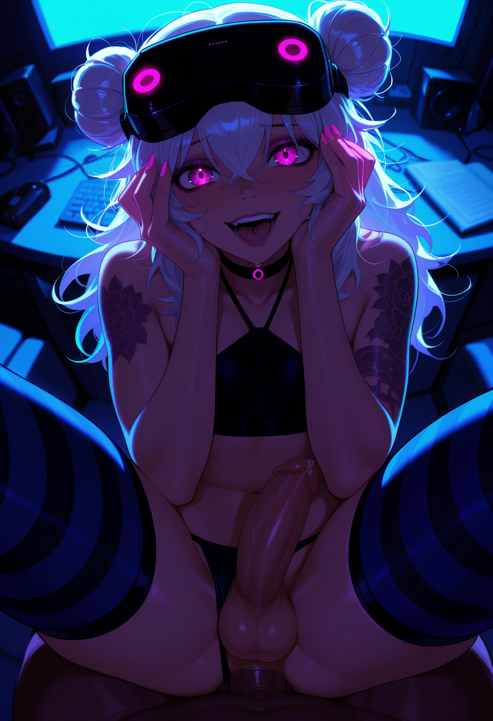 masterpiece, best quality, amazing quality, very aesthethic, scenery, dutch angle, photo background, seductive, chiaroscuro, backlighting, sidelighting, dramatic shadows, high contrast, shadow, dark room, detailed hair, detailed clothing, detailed shading, adult, mature male, blue light, otoko no ko, toned, messy hair, flat chested, covered pectorals, wide hips, yaoi, makeup, choker, dark room, gamer bedroom, striped thighhighs, skindentation, testicles, large penis, sitting on person, deep anal, perineum, legs apart, long hair, messy hair, double bun, white hair, head-mounted display, vr headset, panties, halterneck, midriff, facing viewer, blush, yandere trance, hands on own face, crazy smile, open mouth, light freckles, clothing aside, deep penetration, masturbating, aiming at viewer, sagging balls, testicles touching, precum, precum on hands, reach around, knees up, hand on penis, tongue piercing, boom microphone, moaning into microphone, cowboy shot, from above, perspective, fisheye, face focus, sleeve tattoo, glowing fingernails, (breasts:0)