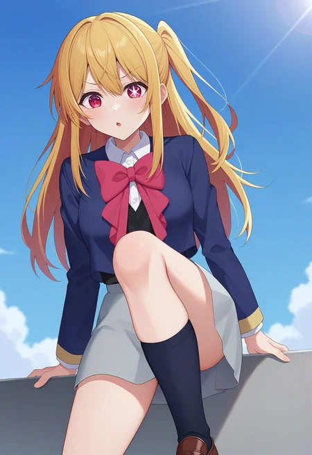 score_9, score_8_up, score_7_up, BREAK source_anime, 1girl, hoshino ruby, blonde hair, long hair, one side up, red eyes, mismatched pupils, star-shaped pupils, school uniform, red bow, grey skirt, raised eyebrow, one knee, autumn <lora:brj-ruby-pony-v0.5:1>
