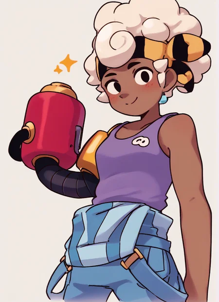score_9, score_8_up, score_7_up bsmaisie, 1 girl , blonde hair , hairband , dark-skinned female, single mechanical arm, single arm , purple tank top ,overalls , looking at viewer, <lora:bsmaisie-000006:0.9>smile , blush, ,from side, <lora:Yagi_the_Goat_Style:1>by s1120411