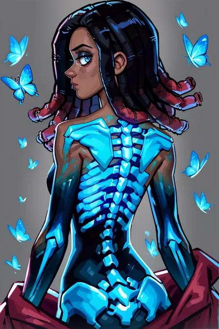 score_9, score_8_up, score_7_up,score_6_up, score_5_up, score_4_up, BREAK, <lora:TranslucentVisibility_pony:0.8>,
TranslucentVisibility,score_9,1girl,solo,long hair,looking at viewer,blue eyes,simple background,black hair,multicolored hair,looking back,dark skin,grey background,from behind,dark-skinned female,back,bug,butterfly,ribs,skeleton,blue butterfly,dreadlocks,spine,realistic