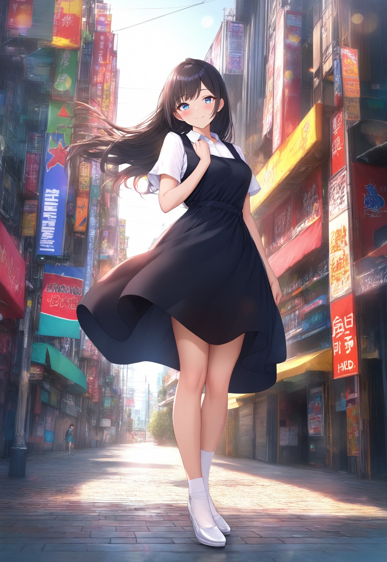 masterpiece, best quality,amazing quality,(1girl), solo,(depth of field),(solo focus),8K,HDR,(ultra high res),(highres),(full body),(lens flare),smile,blush,(black hair),(long hair),(blue eyes),(floating hair), sidelocks,(malaysian secondary school uniform),(pinafore dress),(black skirt),(black pinafore),(collared shirt),(white shirt),(short sleeves),(white socks),(short socks),(white footwear),(ballet flat),(outdoor),(cityspace),(city),(street),(lampost),(standing),(looking at viewer)