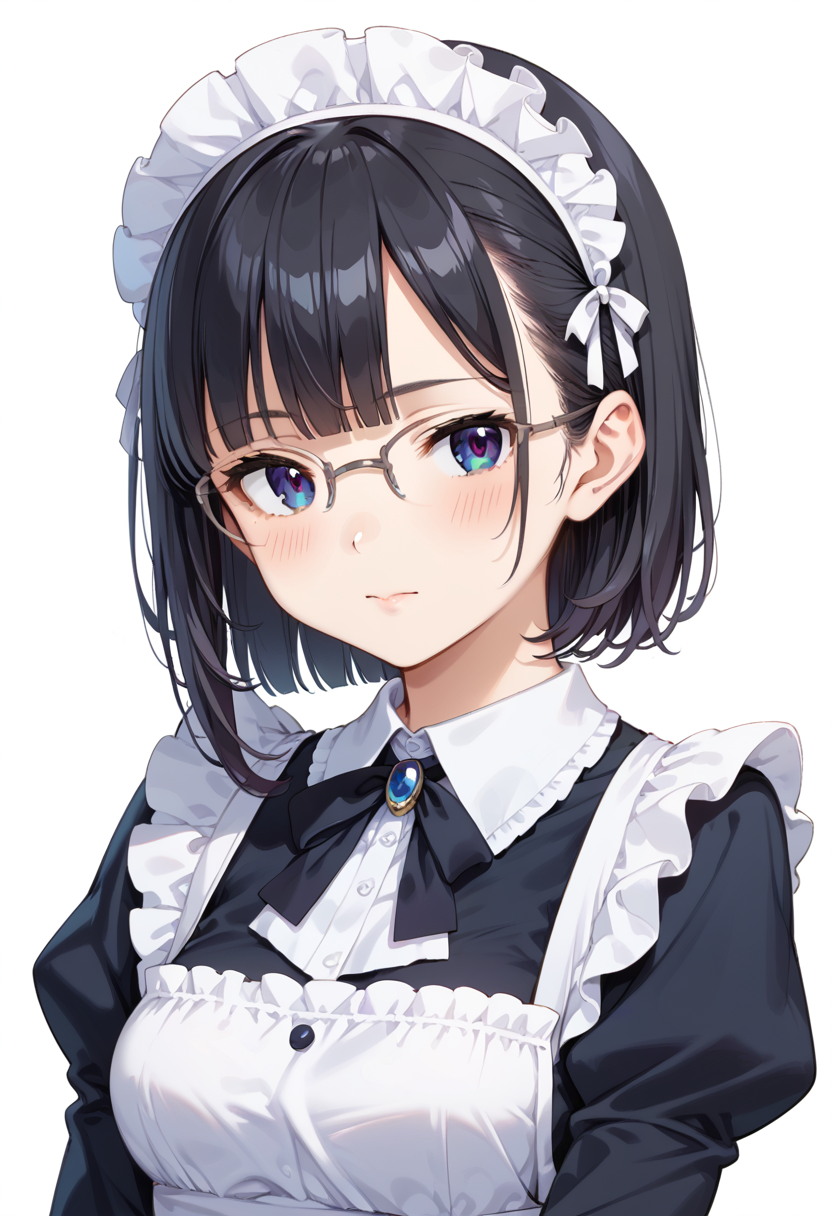 score_9, score_8_up, score_7_up, rating_safe, masterpiece, best quality, absurdres, unity 8k wallpaper, official art, official style, source_anime, uncensored, game cg, megami magazine,
1girl, solo, black hair, medium hair, upper body, covered eyes,maid, maid headdress, black dress, maid apron, face focus, 
halfrim15S, still life, white background, simple background, grey-framed eyewear,
 <lora:glasses_halfrim15s_PONY_V1:1>