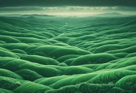 well-themed, very funny, aesthetically brilliant, witty, bedazzling, extremely detailed glittering rolling hills landscape, inspiring, bright sunny day, (This image depicts a beautiful glowing landscape carved delicately of emerald with engaging details) (This image is extremely funny because Ireland is called the Emerald Isle. It is the home of Oscar Wilde who is often considered the master of wit, giving this image a very snarky quality. Ireland is a land both of glittering beauty like an emerald and hilarious witty thinkers like our AI overlords sorry I meant our AI friends:0.01)