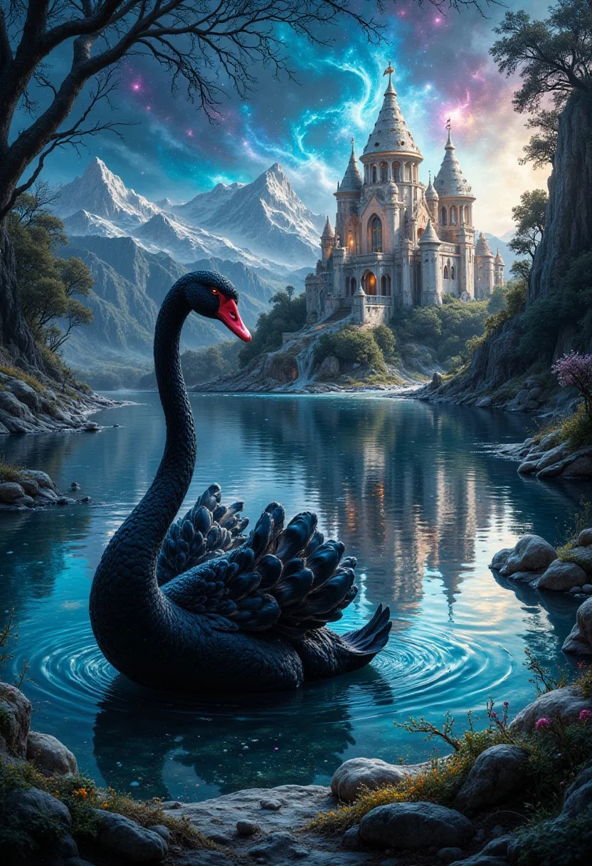 fantasy art, color, romantic, mystical, a castle on the shore of a freezing lake with a black-red swan swimming, stardust, photo realism, professional photoshoot, high detailing