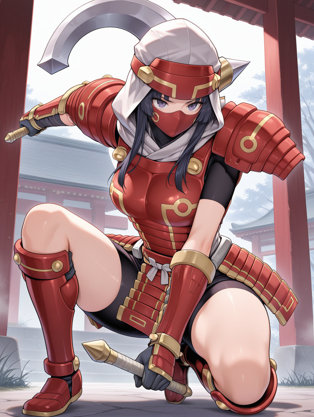 legendary six samurai - mizuho,solo,dual wielding,holding axe,on one knee,east asian architecture,axe,1girl,red armored gloves,red armored knee boots,red armored skirt,red breastplate,red shoulder armor,white shirt,covered mouth,red mouth mask,purple eyes,white hood,
masterpiece,best quality,amazing quality,very aesthetic,absurdres,newest,<lora:Legendary Six Samurai - Mizuho illuXL v1:0.75>,