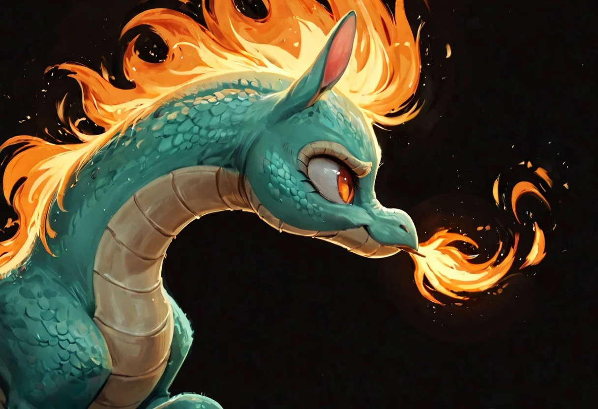 score_9, score_8_up, score_7_up, toony, feral, mlp, tianhuo_tfh, furry female, orange eyes, slit pupil, dragon horse, flame hair, flame mane, flame tail, fire, black background