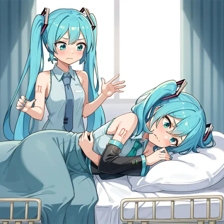 score_8, score_8_up, score_7_up, lo_su_qu, 2girls, female focus, twins, Hatsune Miku, aqua hair, twintails, aqua eyes, necktie, collared shirt, sleeveless, detached sleeves, tattoo, skirt, pleated skirt, standing, frown, looking down, hands up, lying, on side,crossed arms, on bed, under covers, hospital bed, indoors,