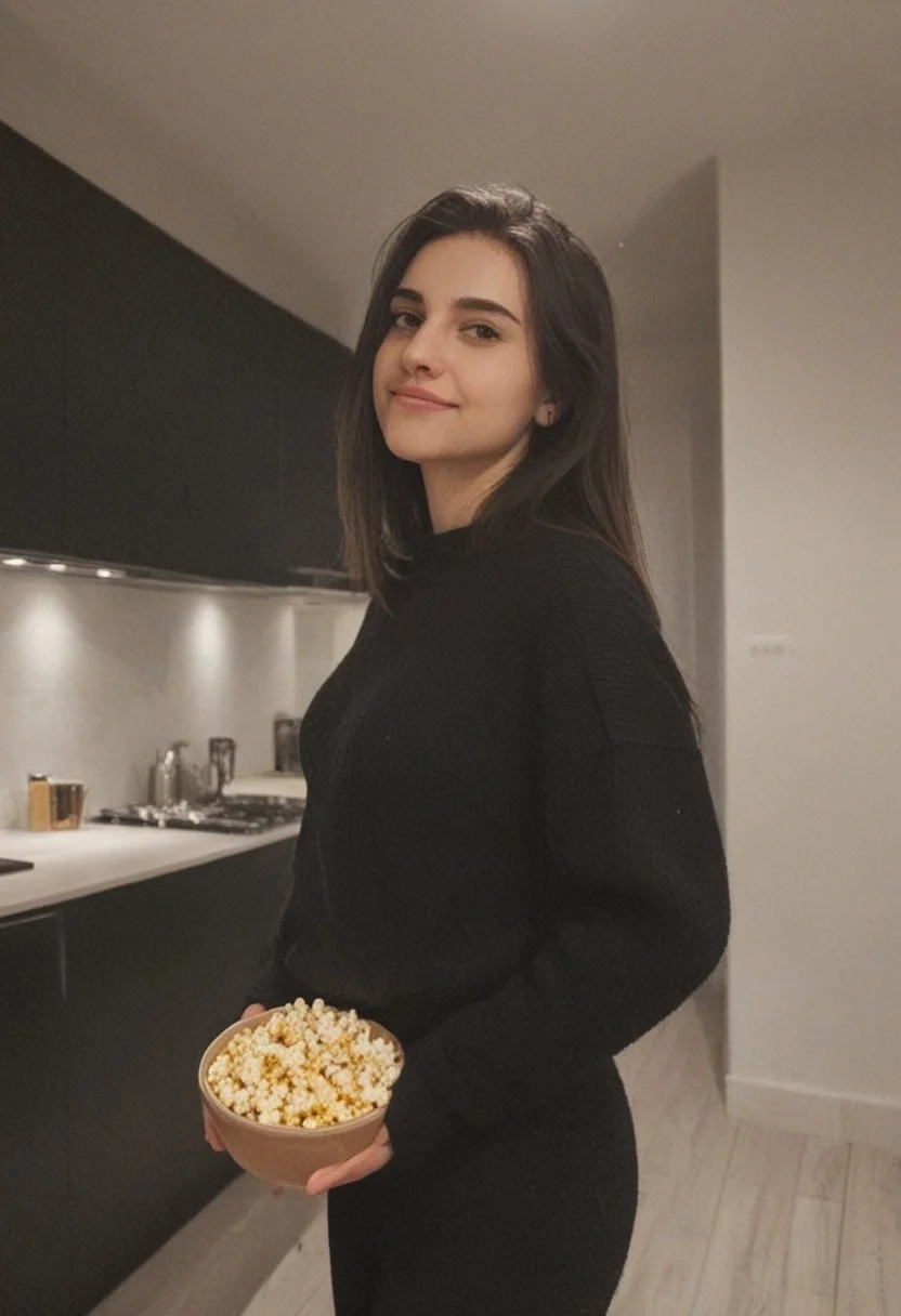 30yo woman wearing black sweater with white textures holding a bowl of popcorn
long black dark hair slick back and smooth. Kissface.
smile. Looking at camera. POV
Kitchen. Fully furnished.
Night time.
