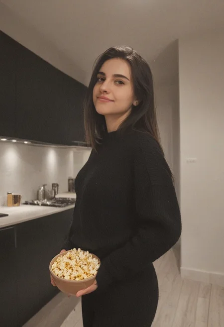 30yo woman wearing black sweater with white textures holding a bowl of popcorn
long black dark hair slick back and smooth. Kissface.
smile. Looking at camera. POV
Kitchen. Fully furnished.
Night time.