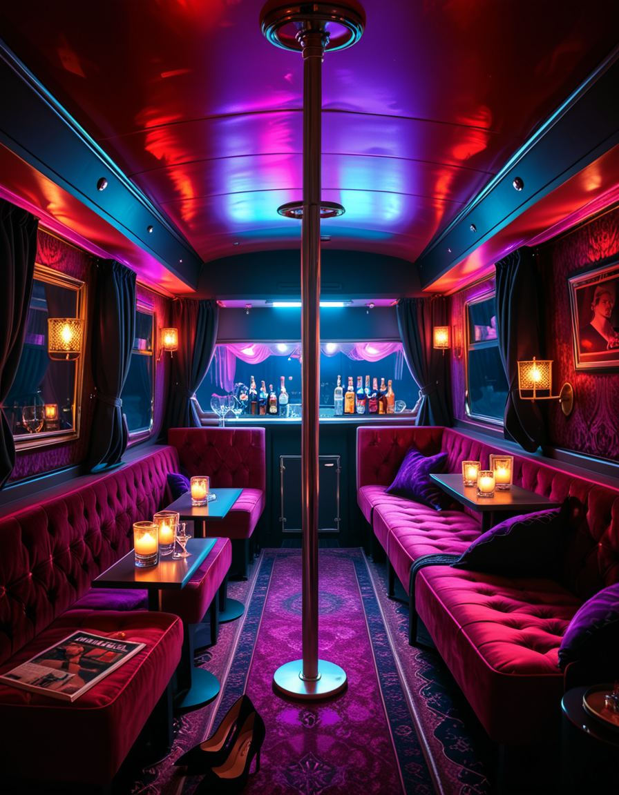 The interior of an old RV transformed into a mysterious, shady lounge with a moody and dimly lit atmosphere. The space is filled with deep red and purple lighting, creating a sultry neon glow. In the center stands a chrome pole mounted to the ceiling and floor, surrounded by plush velvet seats and low tables with half-empty glasses and flickering candles. The walls are lined with heavy curtains and faded wallpaper, giving a vintage and secretive vibe. A small bar area in the back holds various bottles and glasses, with a mirror backsplash reflecting the dim lights. The floor is covered in worn carpets and scattered with high heels, scarves, and old magazines. Subtle details hint at an underground lifestyle, without showing anything explicit. The overall ambiance is smoky, intimate, and cinematic. Highly detailed, noir-inspired, low-key lighting, retro-modern fusion style.
<lora:SDXLFaeTastic2400:0.4> <lora:extremely_detailed:0.4> extremely detailed<lora:4dult_rv:1>,4dult rv, Masterpiece,best quality,hi res,8k,hi res,8k,award winning,(sharp focus, intricate, highly detailed),
