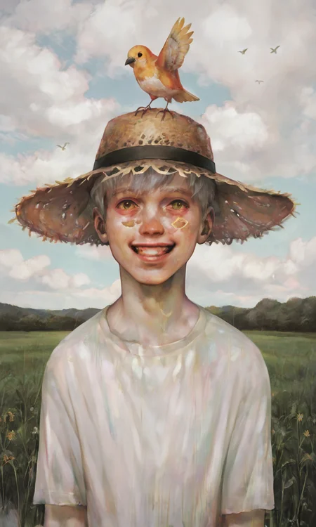 score_9, score_8_up, score_7_up, score_6_up, score_5_up, score_4_up, xhxix style, 1boy, silver hair, smiling, warm, cozy, in a wheat field, looking at viewr, straw hat, bird, happy, summer, white shirt, yellow shors, wide view, detailed face