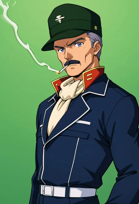 score_9, score_8_up, score_7_up, source_anime, cowboy shot, side view, BREAK, ( hardie_steiner, grey eyes, grey hair, moustache, looking at viewer, serious expression, mouth slightly open, unlit cigarette in mouth, blue zeon suit, green zeon cap, pale yellow scarf, ) 1boy, male focus, solo, BREAK, green technical background,