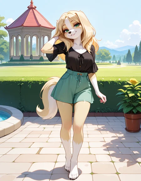 masterpiece, best quality, very aesthetic, absurdres,
outdoors, casual,
full body, seductive smile, parted lips, long eyelashes,
<lora:Kelsey_v01_NAIXL:1>
Ke1s3y,1girl,solo,furry,furry female, dog girl, long hair, blonde hair, dog ears, green eyes, snout, animal nose, body fur, two-tone fur, yellow fur, white fur, dog tail,