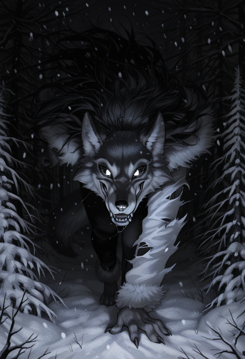 Graphic Design, greyscale, monochrome, intricate details, high contrast, detailed background, beautiful detailed, beautiful face, detailed eyes, detailed face, new, z41ch1k, furry, wolf, torn clothes, sharp teeth, fangs, claws, grin, saliva, glowing eyes, tail, forest, night, winter, snow, snowing, from side, looking at viewer, dynamic pose, leaning forward, (masterpiece, best quality, newest, recent, absurdres), 