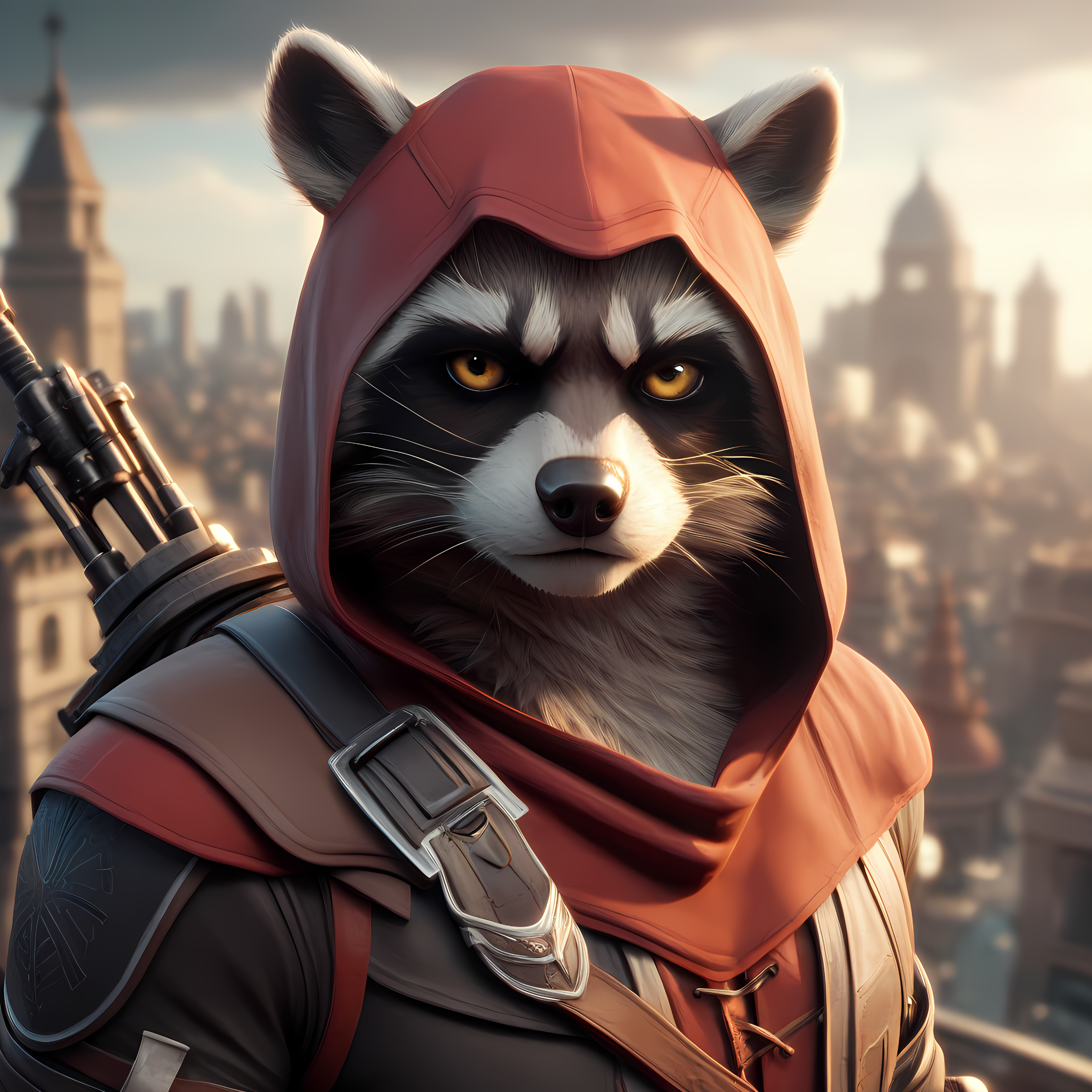 score_9,score_8_up,score_7_up,
raccoon, male, looking at the viewer, style assassin's creed, background of a city in the 15th century, weapons, muscular, yellow eyes, blurred background, black hood cover, 3D, Unreal Engine 9, ultra realistic graphics of PS5,
Photorealistic, hyperrealistic,