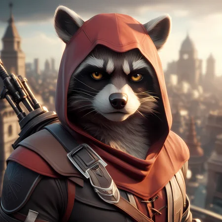 score_9,score_8_up,score_7_up,
raccoon, male, looking at the viewer, style assassin's creed, background of a city in the 15th century, weapons, muscular, yellow eyes, blurred background, black hood cover, 3D, Unreal Engine 9, ultra realistic graphics of PS5,
Photorealistic, hyperrealistic,