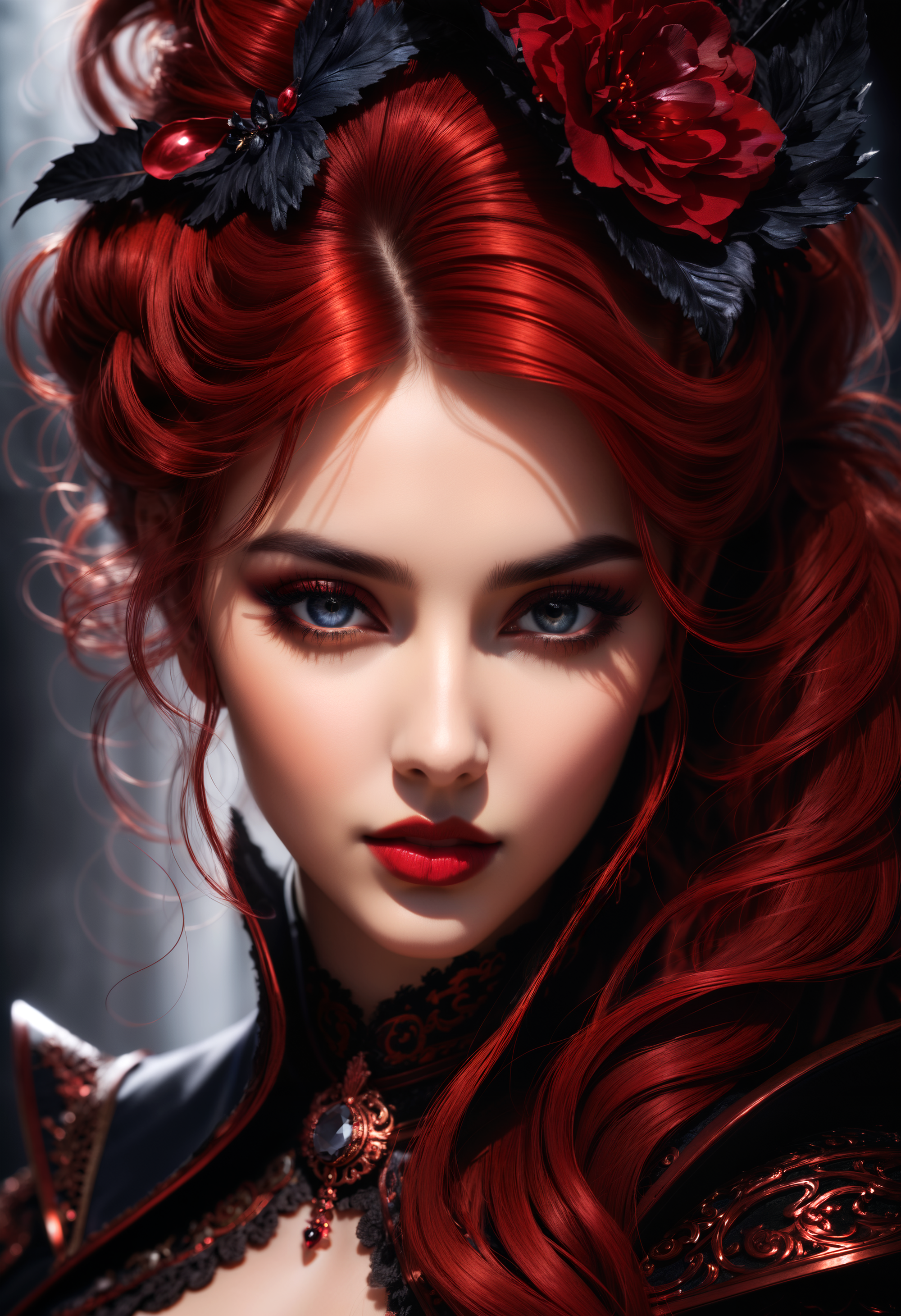 a hot Lilith in the realm of steampunk,a burst of tangy crimson cascades,entwining limbs with viscous allure,a figure emerges from the shadows,in a neo-expressionist masterpiece of raspberry syrup's embrace, masterpiece, best quality, (intricate details), dreamy, perfect eyes, dark pupils, magnificent, ethereal, volumetric lighting, lightroom, ((cinematic)), raytracing, subsurface scattering, face focus,