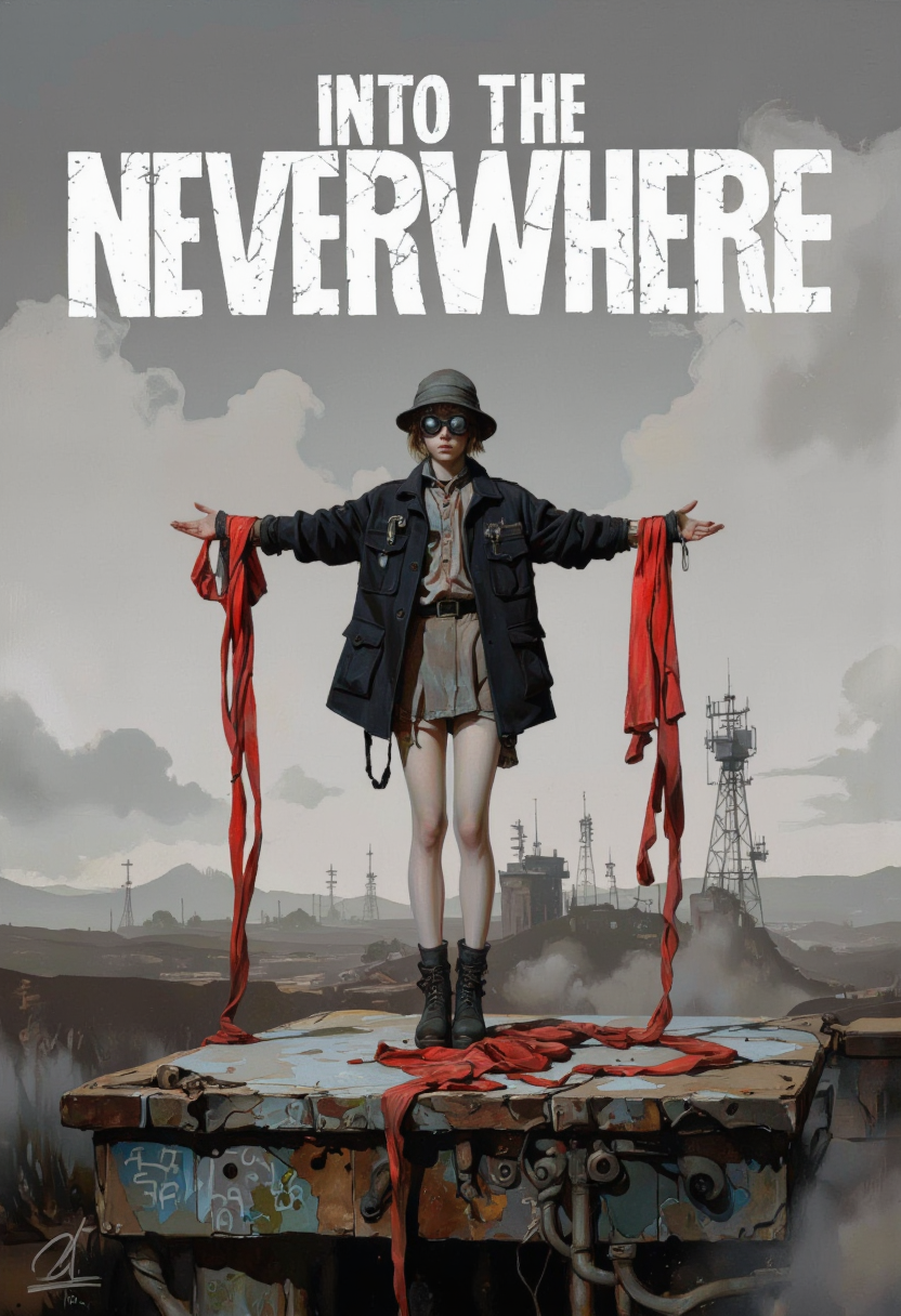 A digital illustration with a futuristic and dystopian aesthetic. The central figure is a young woman standing on a weathered, industrial platform. She has a slender build and wears a black, oversized jacket with numerous pockets and straps, and a matching hat. Her outfit is complemented by red, flowing ribbons that extend from her wrists, creating a dynamic, almost ethereal effect. Her skin is pale, and her eyes are covered by a dark visor, adding to the mysterious and otherworldly atmosphere.
The background is a misty, gray landscape with distant, indistinct structures and a cloudy sky. There are multiple antennas and communication towers scattered around, suggesting a desolate, post-apocalyptic environment. The platform she stands on is rugged and covered in graffiti, adding to the gritty, abandoned feel. The overall color palette is muted with shades of gray, black, and red, creating a stark and moody visual contrast. The title "INTO THE NEVERWHERE" is prominently displayed in bold, white letters at the top, hinting at a narrative or theme of exploration into an unknown, possibly dangerous realm. The illustration is signed by the artist "Soulpiercer" in the bottom left corner. <lora:Comic_book_opus_IV:0.2>