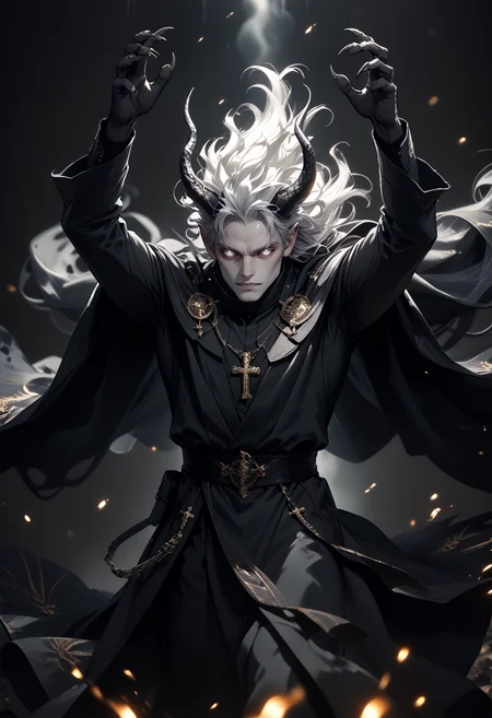 score_9, score_8_up, score_7_up, 1boy, simple background, jewelry, grey background, necklace, no humans, cross, robe, statue, black robe, priest, glowing eyes, horns, white hair, floating hair, white eyes, white skin, black teeth, from above, arms up, sharp claws, black hands, floating cape,
depth of field, blurry background, black background, dark, embers, chaos, realistic, CINE,
<lora:unholy-000009:0.8> <lora:CINE-000008:0.4>