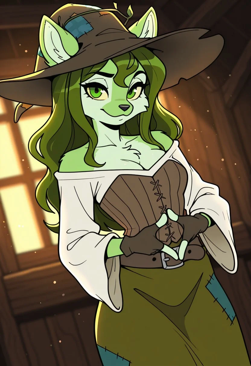 SophieSW, 1girl, solo, furry female, anthro, green hair, long hair, wavy hair, animal ears, patchwork brown witch hat, yellow sclera, green eyes, black snout, green fur, patchwork clothes, white shirt, wide sleeves, large breast, cleavage, brown corset, belt, green patchwork skirt, thick thighs, brown fingerless gloves, bare shoulders, ears through headwear,
,seductive pose, sexy pose, tease,
masterpiece, best quality, fine details, intricate details, depth of field, subsurface scattering, bokeh,
ultra-detailed, very aesthetic, detailed background, newest, scenery, highres, absurdres, colorful, vibrant, glowing, perfect face, 2d, perfect eyes, vibrant saturated colors, volumetric lighting, sharp, detailed eyes, perfect anatomy, perfect face, perfect eyes, mature body, clear eyes, beautiful eyes, athletic, curvy body, athletic girl, perky tits, perfect tits, round breasts, pinup pose, teasing, lustful expression, perfect hands,
muscular female, dutch angle,
,Smooth Negative, Smooth_Quality,
