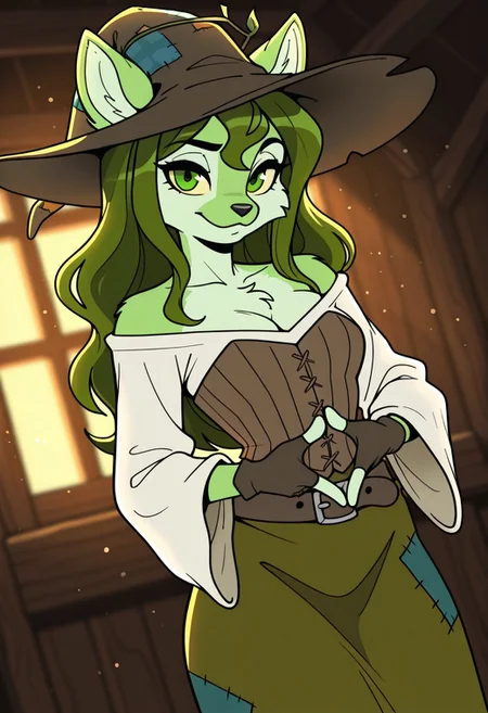 SophieSW, 1girl, solo, furry female, anthro, green hair, long hair, wavy hair, animal ears, patchwork brown witch hat, yellow sclera, green eyes, black snout, green fur, patchwork clothes, white shirt, wide sleeves, large breast, cleavage, brown corset, belt, green patchwork skirt, thick thighs, brown fingerless gloves, bare shoulders, ears through headwear,
,seductive pose, sexy pose, tease, 
masterpiece, best quality, fine details, intricate details, depth of field, subsurface scattering, bokeh,
 ultra-detailed, very aesthetic, detailed background, newest, scenery, highres, absurdres, colorful, vibrant, glowing, perfect face, 2d, perfect eyes,  vibrant saturated colors, volumetric lighting, sharp, detailed eyes, perfect anatomy,  perfect face, perfect eyes, mature body, clear eyes, beautiful eyes, athletic, curvy body, athletic girl, perky tits, perfect tits, round breasts, pinup pose, teasing, lustful expression, perfect hands, 
muscular female, dutch angle, 
,Smooth Negative, Smooth_Quality,