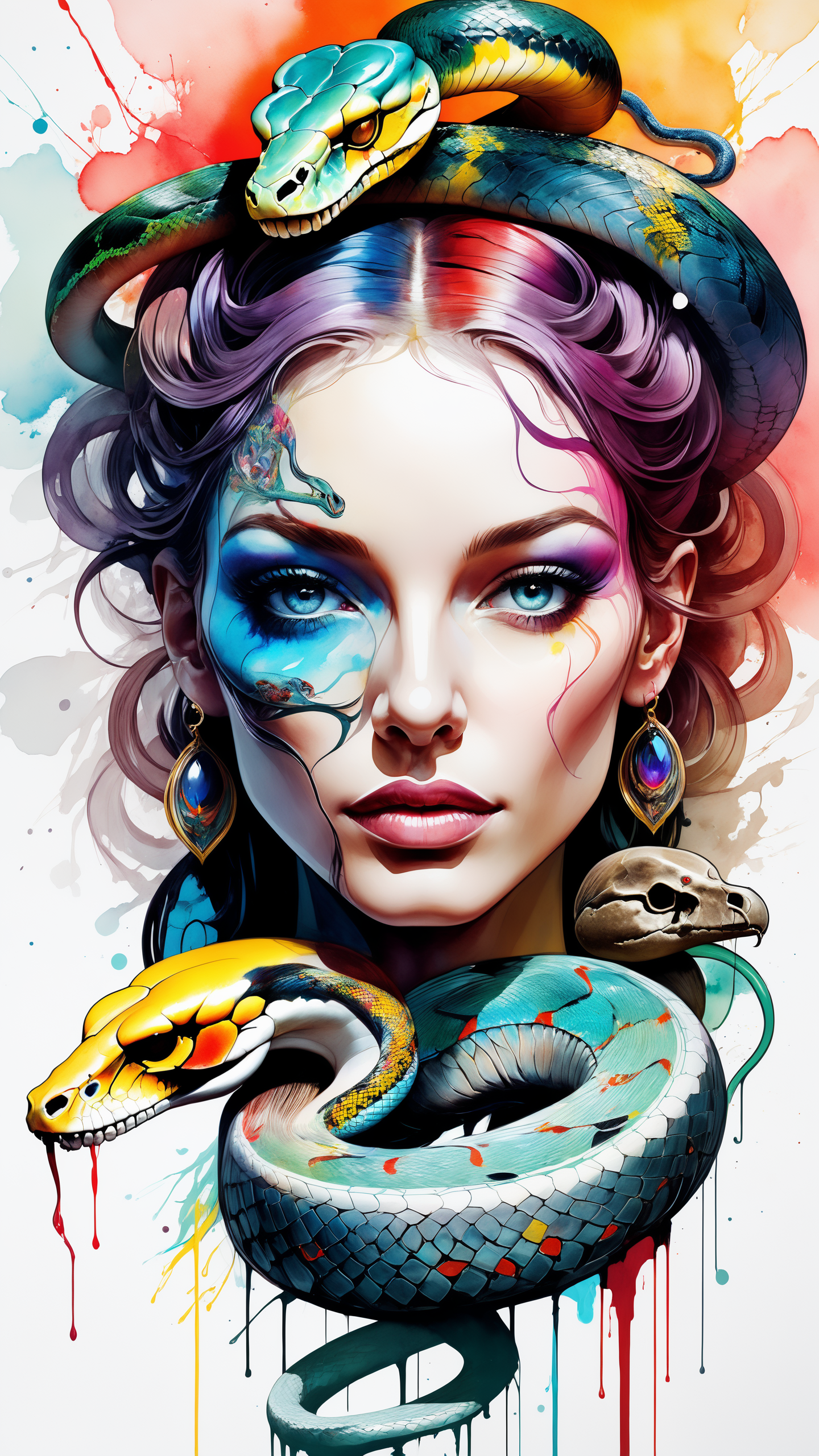 (Gorgeous Painting:1.3) of (Masterpiece:1.3),of (watercolor painting),  (large brain alien head:1.1),(birds:1.2), (body full of skull tattoo:1.3),(snake curling around head:1.4),snakes, (art by Carne Griffiths:1.3),(tertiary color:1.3), (secondary color:1), (primary color:.7), vibrant color, deep shadow, ((Abstract, Abstraction, Artistic, Rim Lights, Rim Lighting, Rim Light, Edge Lighting, absurdres, high resolution, (8k resolution), 8k, 8kres, 8k res, super resolution, ultra hd, megapixel, high details, detailed and intricate, intricate details, high intricate details, absurd amount of details)), (by Artist Alberto Seveso:1.4),(by Artist Conrad Roset:1.4),(by Artist Ivan Bilibin:1.3),(Process Art:1.8)  style of kaleidoscope art