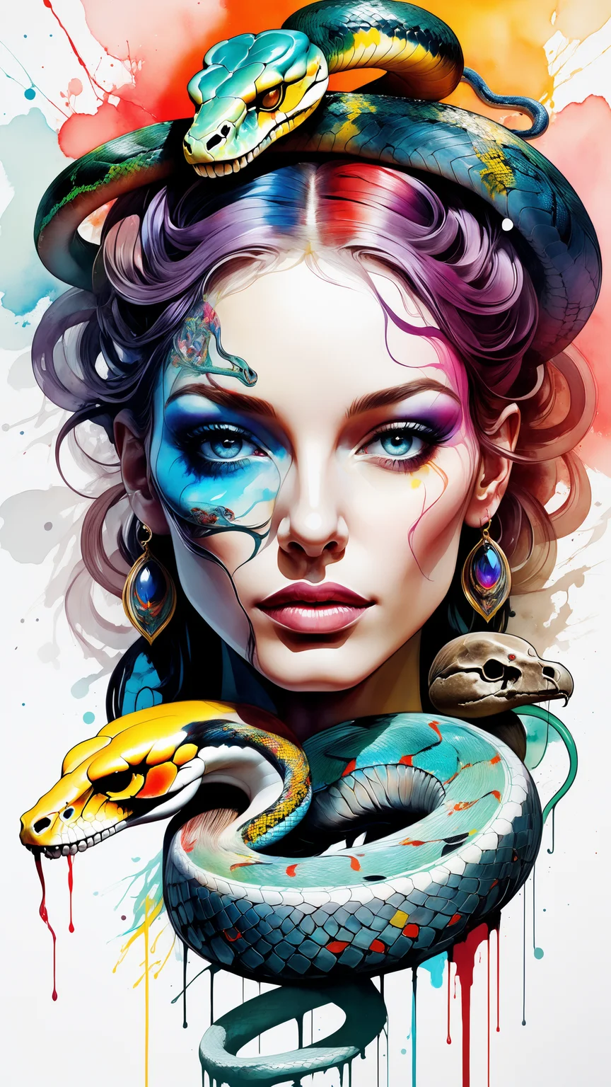 (Gorgeous Painting:1.3) of (Masterpiece:1.3),of (watercolor painting),  (large brain alien head:1.1),(birds:1.2), (body full of skull tattoo:1.3),(snake curling around head:1.4),snakes, (art by Carne Griffiths:1.3),(tertiary color:1.3), (secondary color:1), (primary color:.7), vibrant color, deep shadow, ((Abstract, Abstraction, Artistic, Rim Lights, Rim Lighting, Rim Light, Edge Lighting, absurdres, high resolution, (8k resolution), 8k, 8kres, 8k res, super resolution, ultra hd, megapixel, high details, detailed and intricate, intricate details, high intricate details, absurd amount of details)), (by Artist Alberto Seveso:1.4),(by Artist Conrad Roset:1.4),(by Artist Ivan Bilibin:1.3),(Process Art:1.8)  style of kaleidoscope art