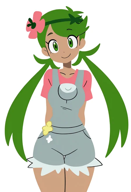 masterpiece, best quality, medium breasts, (curvy), BREAK, zzMallow, green hair, green eyes, hair flower, hair ornament, grey overalls, pink shirt, sleeveless, grey shorts, <lora:MallowPokemon_NAI:1.0>,smile, looking at viewer, cowboy shot, leaning forward, head tilt, <lora:ToonCAT_NAI:0.8>,
