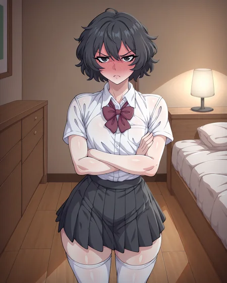 highres, hi res, best quality, masterpiece, intricate details, absurdres, 4k, very aesthetic, great lighting, detailed face, 1boy, solo, twink, doomerboy, black hair, black eyes, short hair, hair between eyes, flat chest, full-face blush, standing, (indoors, bedroom:1.2), crossdressing, school uniform, white thighhighs, grumpy, crossed arms, facing viewer, (looking at viewer:1.2), <lora:Doomerboy:1>  <lora:StS-Illustrious-Detail-Slider-v1.0:5>